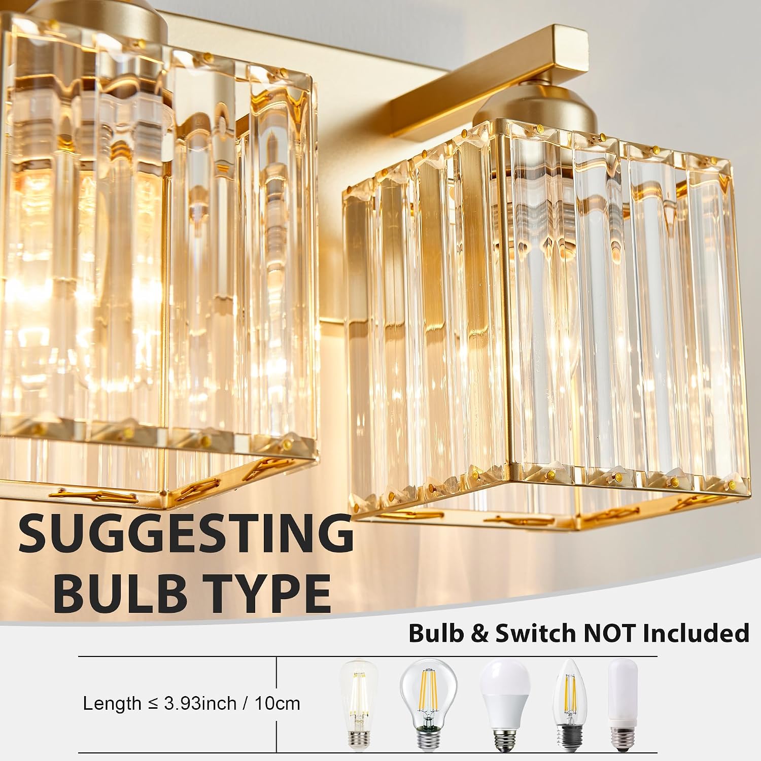 Bathroom Vanity Light Fixtures Over Mirror 4 Crystal Lights - Makeup Lighting Pure Gold - for Modern Wall, Bath, Desk, Farmhouse, Hallway