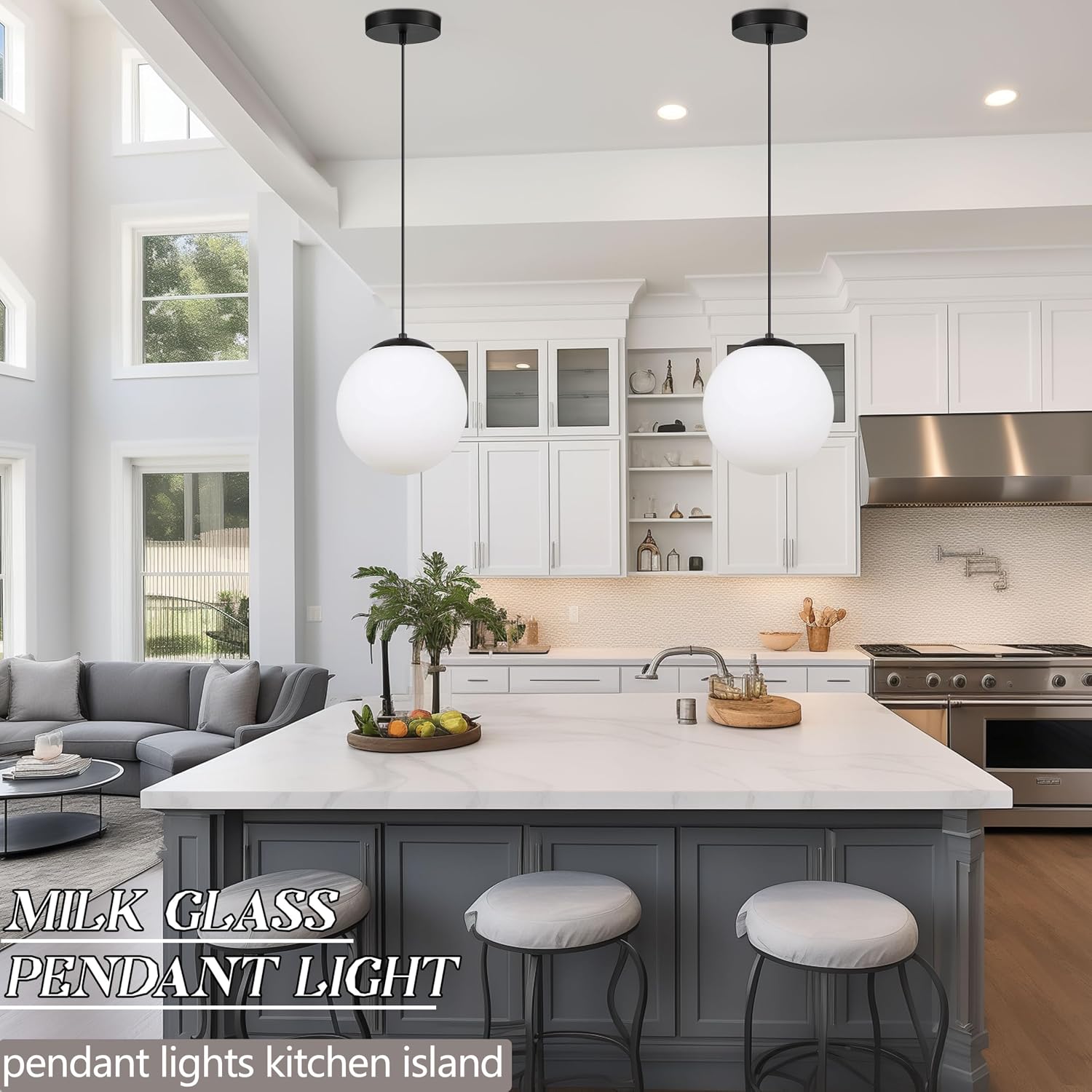 KoKo&Yukina 8' Black Glass Globe Modern Pendant Lights 2 Pack Mid Century Milky White Glass Pendant Light Fixtures Adjustable Hanging Pendant Lighting for Kitchen Island Bedroom Hallway Bulbs Incl.