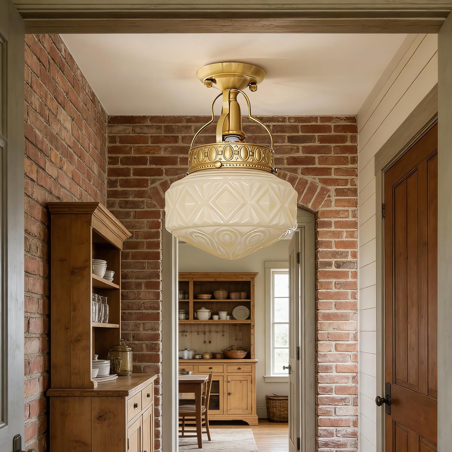 Bofea-Gold Semi Flush Mount Ceiling Light,Brass Light Fixture,Vintage Milk Yellow Glass Flush Mount Ceiling Lights,Hallway Light Fixtures,Mid Century Chandelier for Foyer Bedroom Bathroom