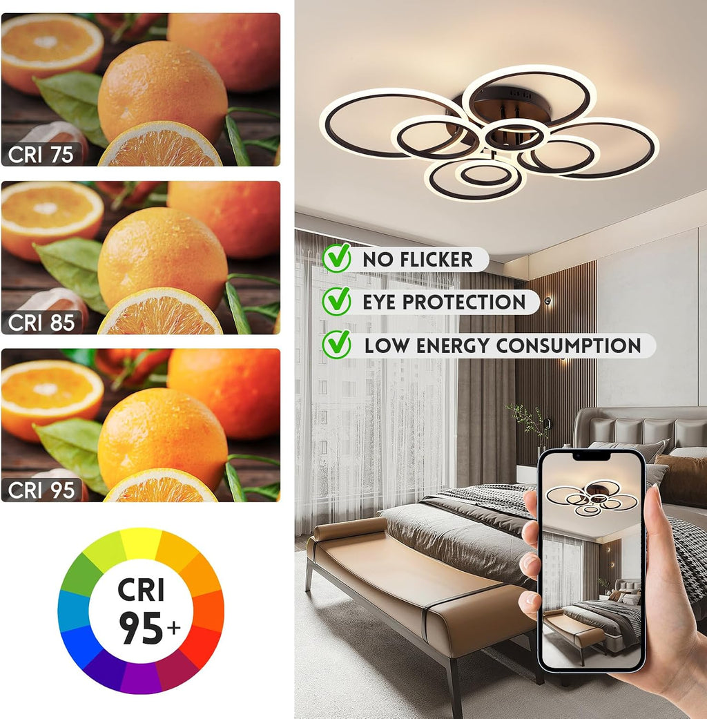 Modern Ceiling Light Fixture, 8 Rings Dimmable Flush Mount Ceiling Light with Remote, Acrylic Close to Ceiling Lighting Fixture for Living Room Bedroom Kitchen (Black, 8 Heads)