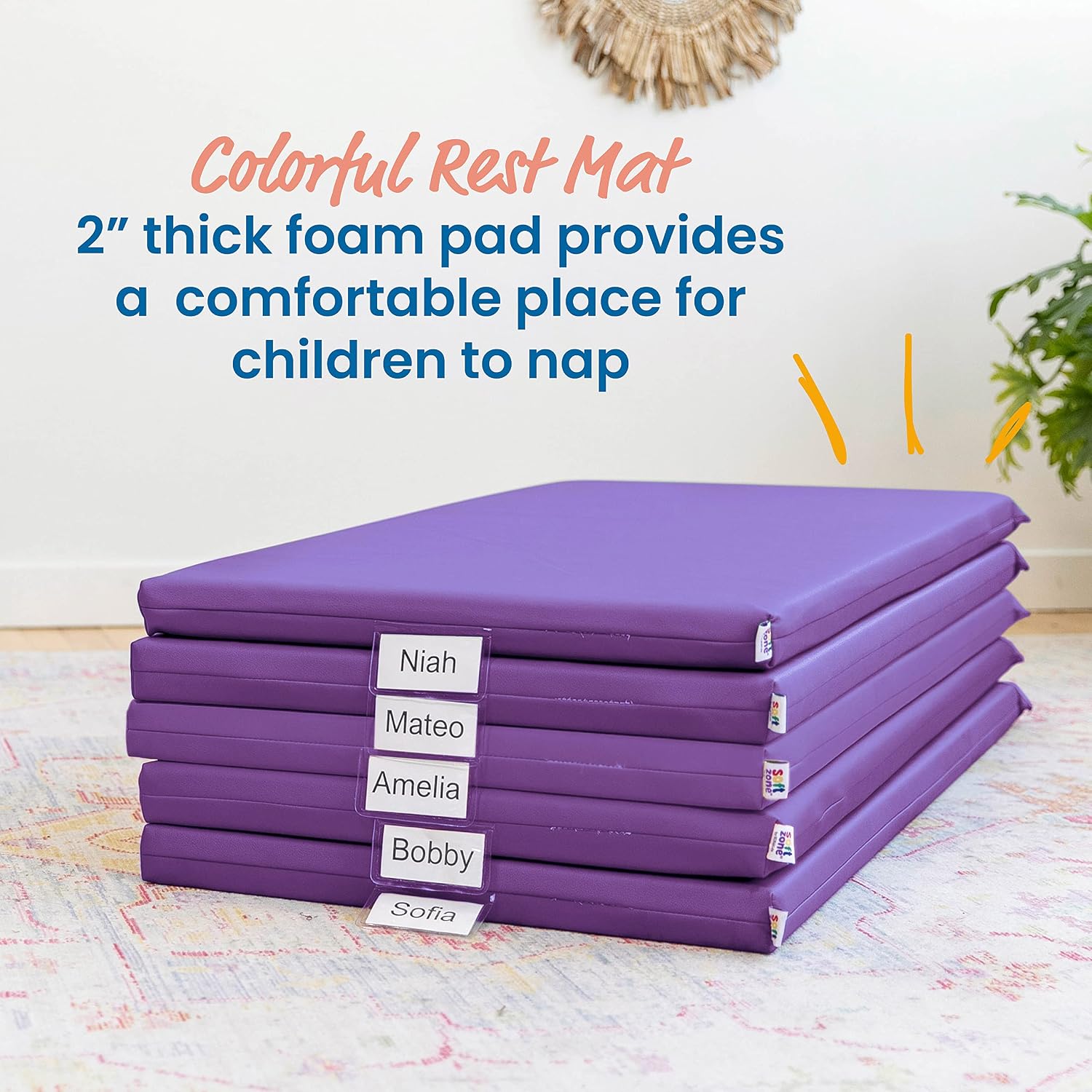 ECR4Kids SoftZone Rainbow Rest Time Mat with Name Tag, Sleeping Pad, Purple, 5-Piece