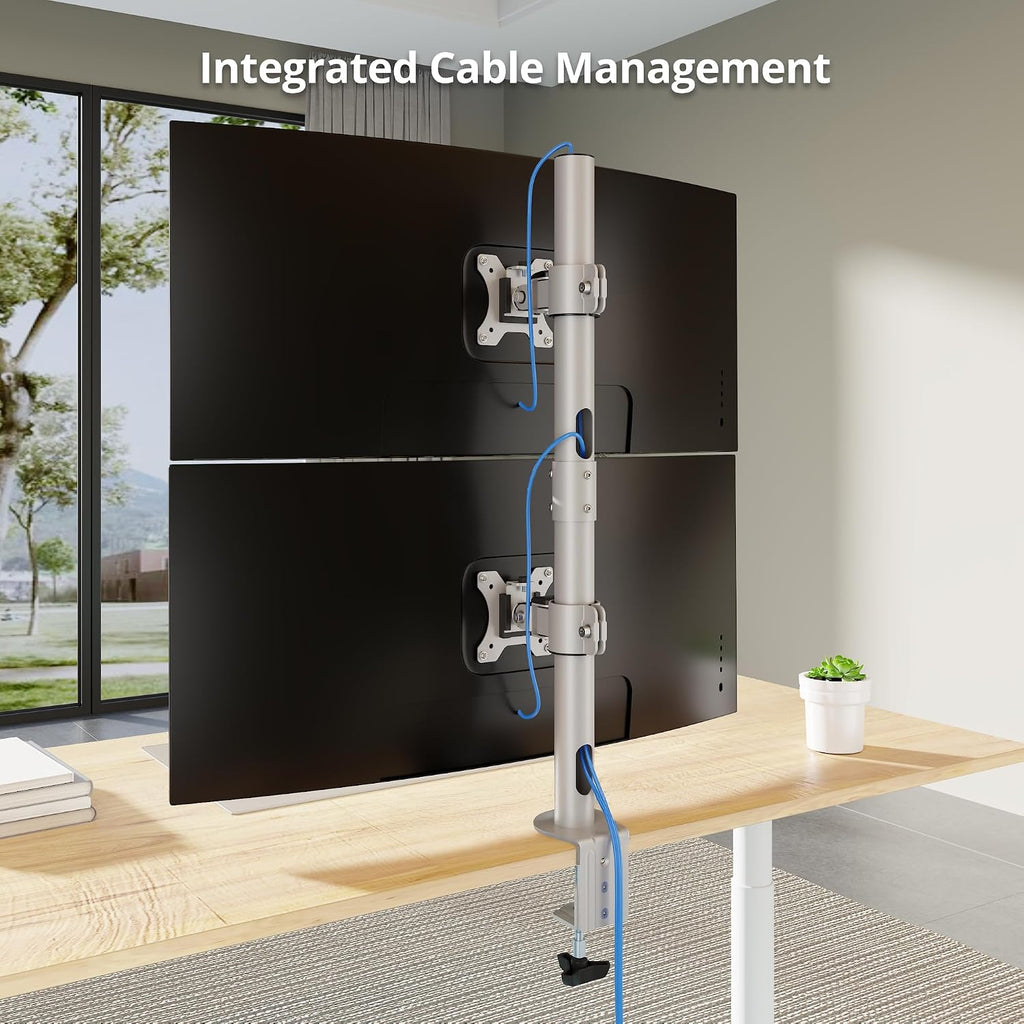 SIIG Dual Vertical Monitor Stand- Gray, Fits 13-38' Screens- Up to 26.5 lbs- 31.5' Height Adjustable Pole- Quick-Release VESA- Cable Management -C-clamp/Grommet -VESA Plate 75/100 (CE-MT5H11-S1)