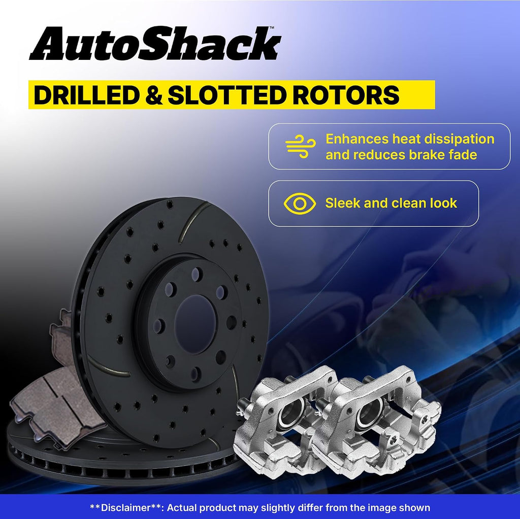 AutoShack Front Brake Rotors, Ceramic Pads & Calipers for Honda, Civic 2006-2011, FWD L4 1.3L - E-Coated Drilled & Slotted - Black Finish - NightGuard - 10.31' (261.9 mm), 5-Lug