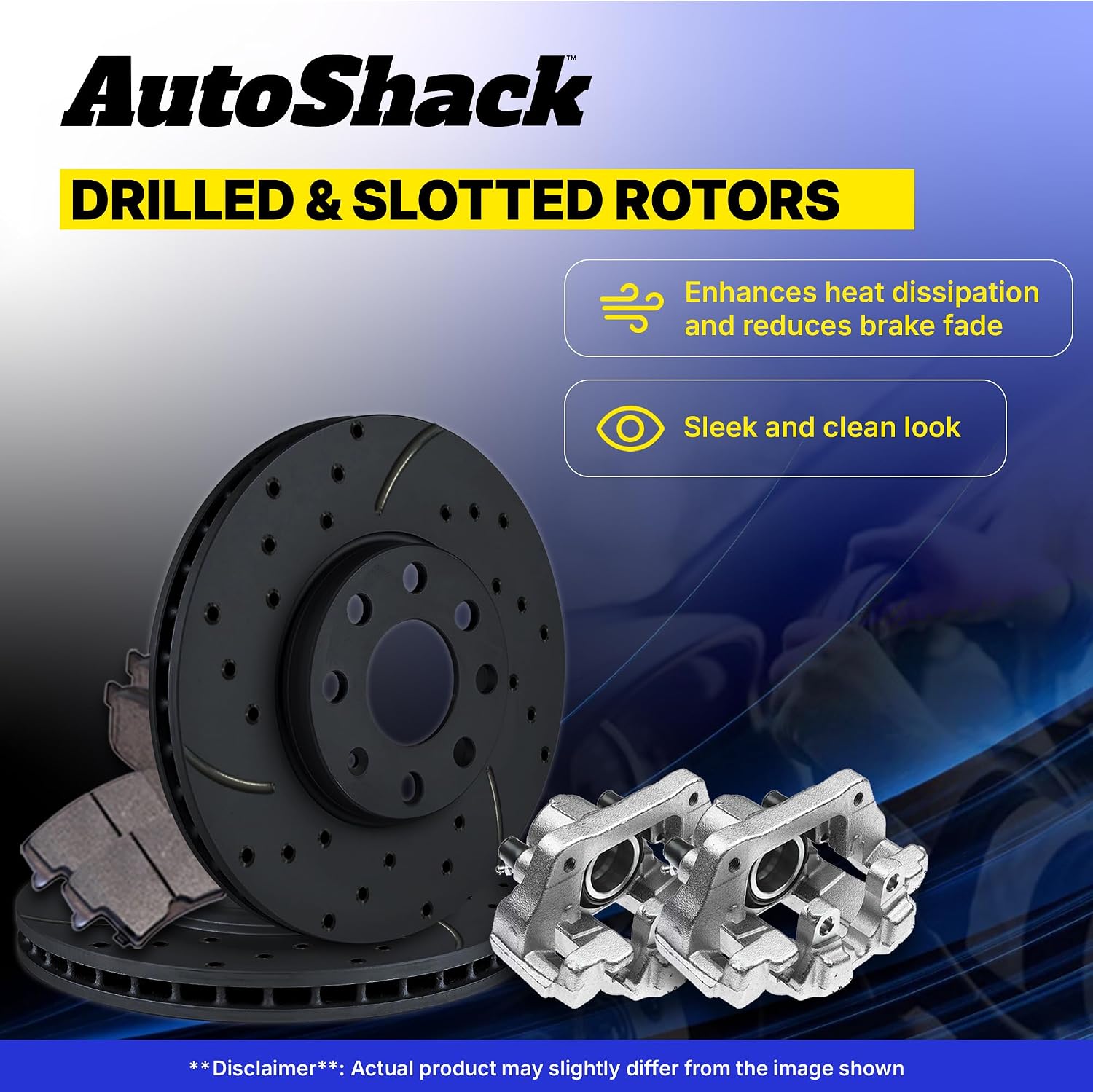 AutoShack Front Brake Rotors, Ceramic Pads & Calipers for Honda, Civic 2006-2011, FWD L4 1.3L - E-Coated Drilled & Slotted - Black Finish - NightGuard - 10.31' (261.9 mm), 5-Lug