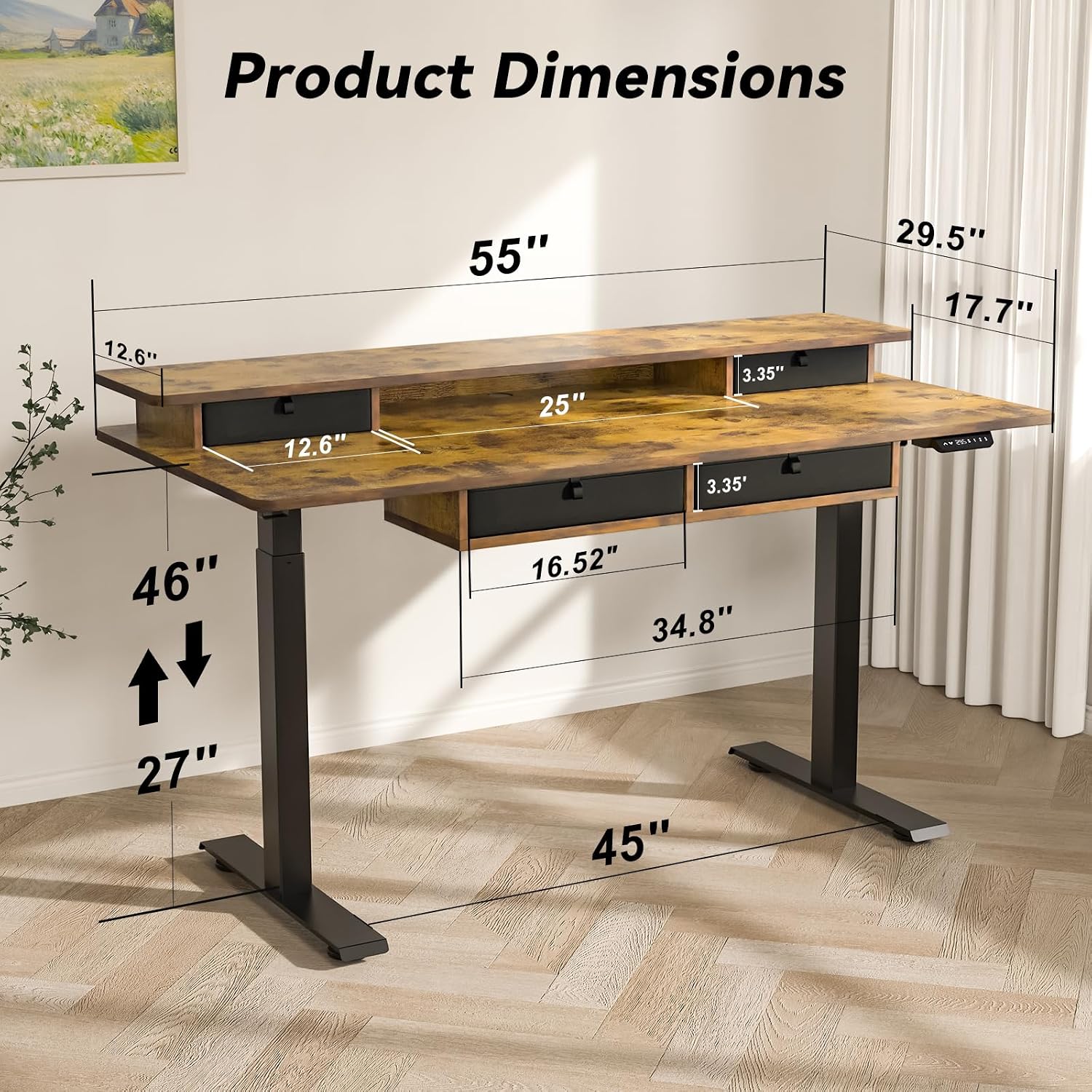 FiCiHi Adjustable Height Standing Desk with 4 Drawers,55 x 30 inches Electric Sit Stand Home Office Desk with Two Tiers, 3 Memory Presets, Monitor Stand Riser, USB A/C Charging Port
