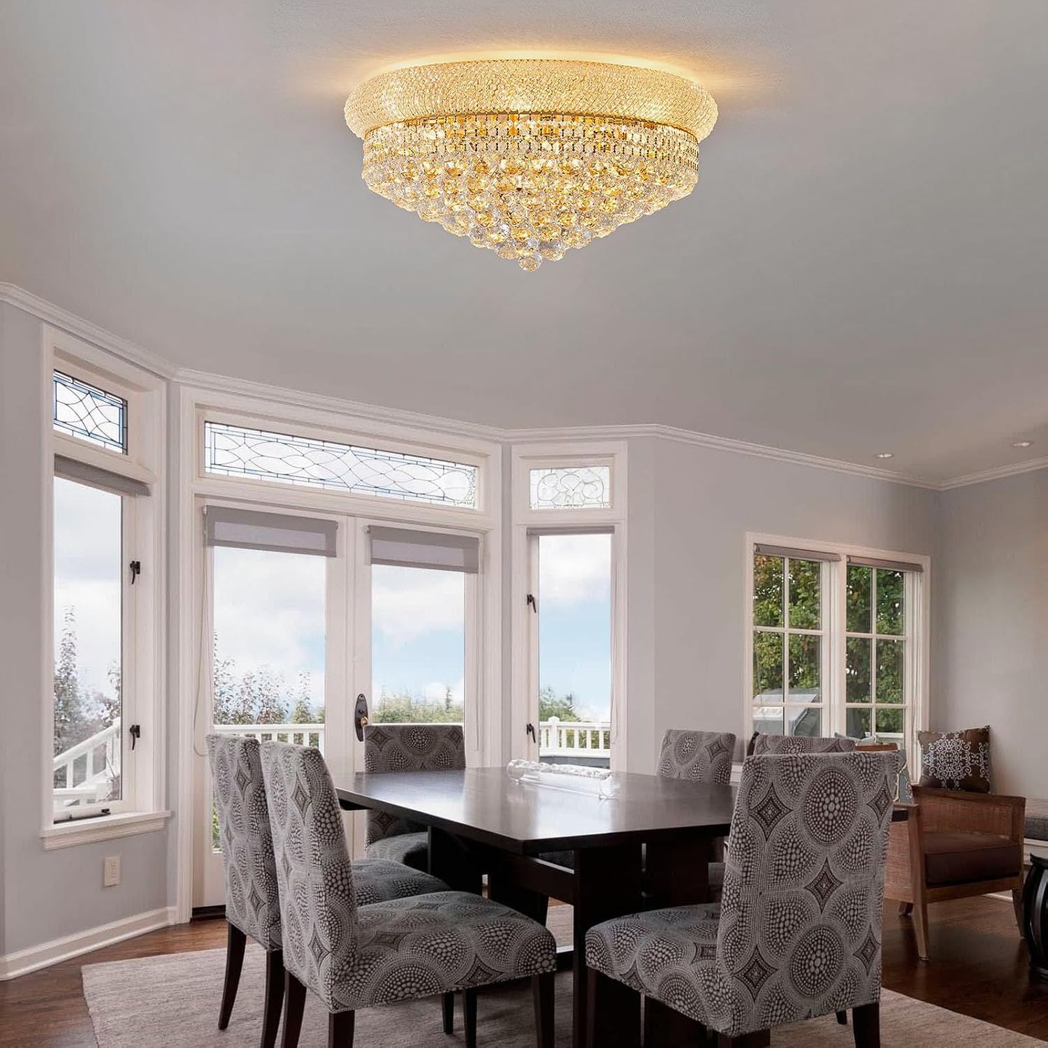 12 - Light Flush Mount Crystal Chandelier for Living Room Dining Room Entryway Hallway Bedroom Foyer Gold Finish