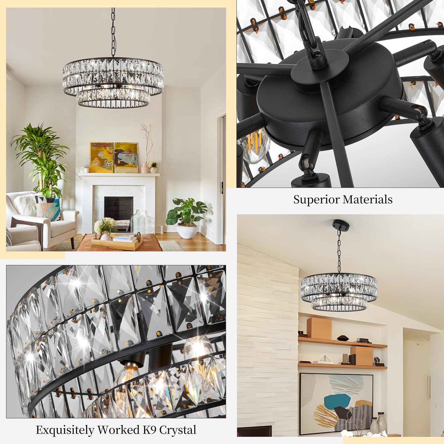 Black Crystal Chandelier 6-Light, 20 Inch Drum Semi-Flush Mount Pendant Light, Modern Ceiling Fixture for Dining Room, Foyer, Bedroom