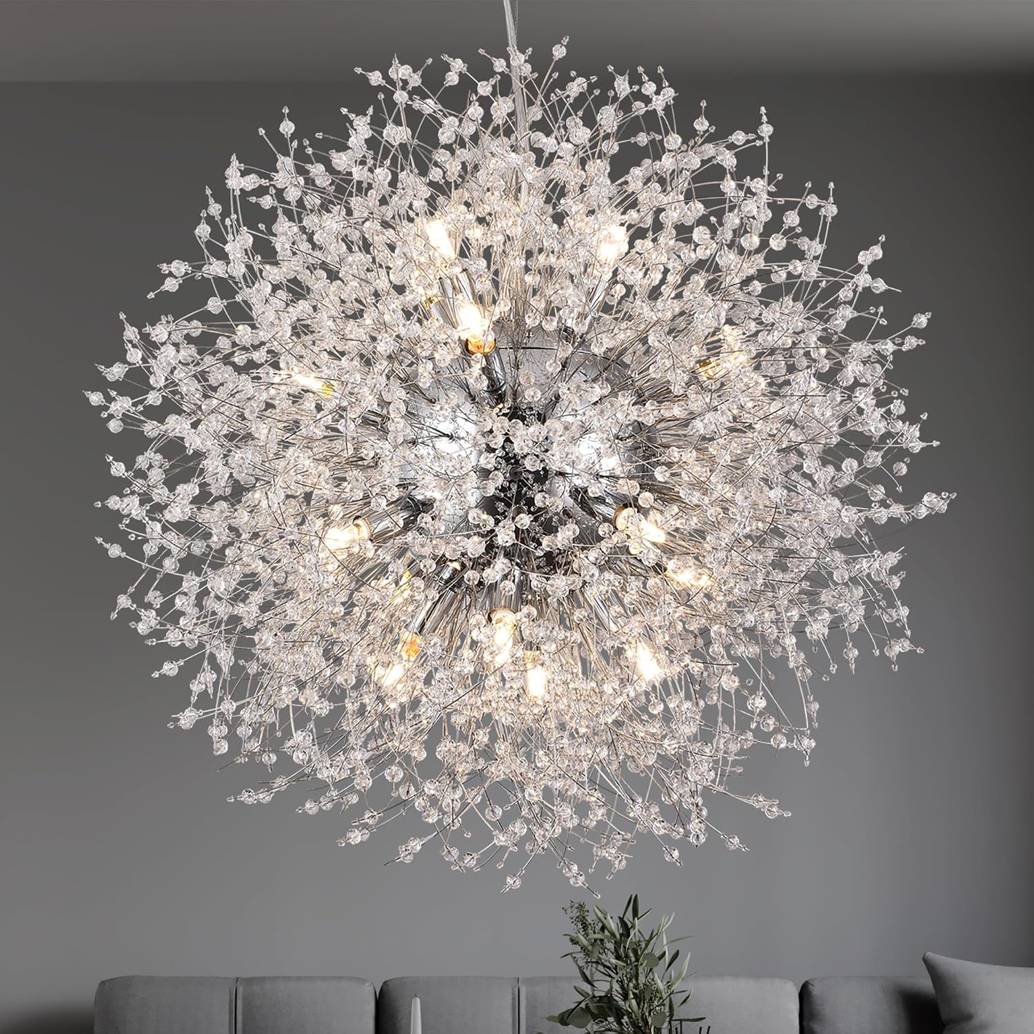 Crystal Chandeliers Dandelion, 16-Light Chrome Stainless Steel Firework Chandeliers for Living Room, 23.6' Modern Chandelier Light Fixture for Bedroom Foyer