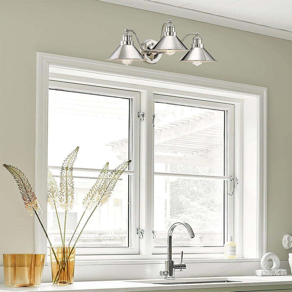 Kira Home Welton 25.5' 3-Light Modern Farmhouse Vanity Light with Funnel Shades, Industrial Wall Sconce Bathroom Light, Polished Nickel Finish