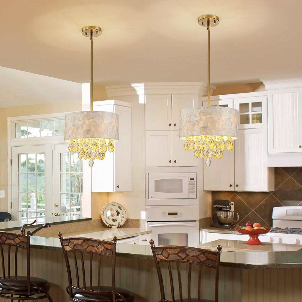3-Light Drum Capiz Shell K9 Crystal Chandelier, Coastal Style Pendant Light Fixture for Dining Room, Living Room, D12 * H19~49 inch (Adjustable), Champagne Crystal & Gold Finish