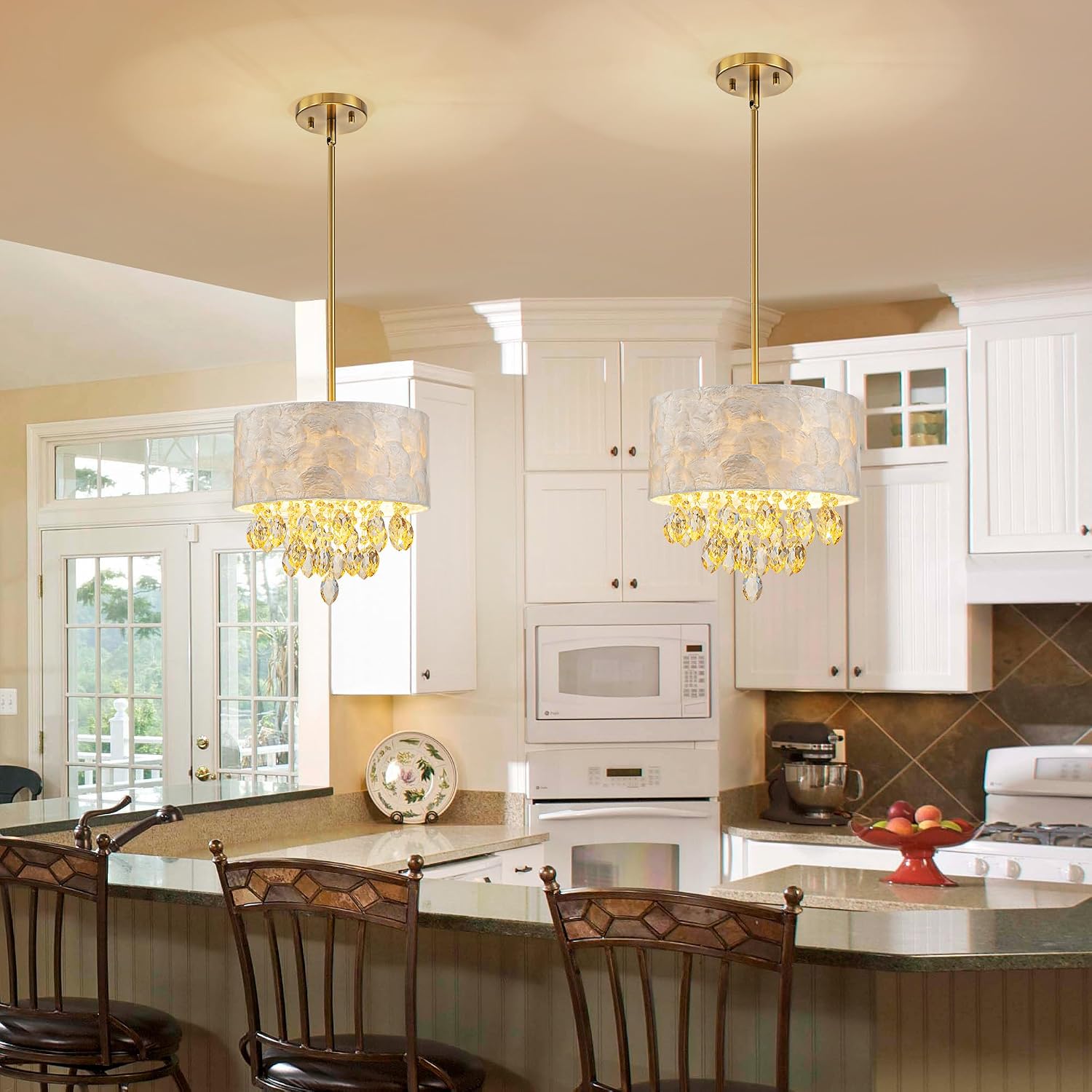3-Light Drum Capiz Shell K9 Crystal Chandelier, Coastal Style Pendant Light Fixture for Dining Room, Living Room, D12 * H19~49 inch (Adjustable), Champagne Crystal & Gold Finish