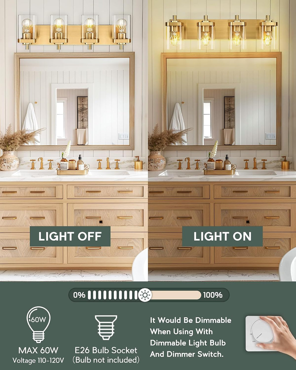 Bathroom Light Fixtures, 25' Brushed Gold Vanity Light, 4-Light Modern Wall Sconces with Square Clear Glass Shade, Vanity Lighting Fixtures Over Mirror, VL194-BG-4