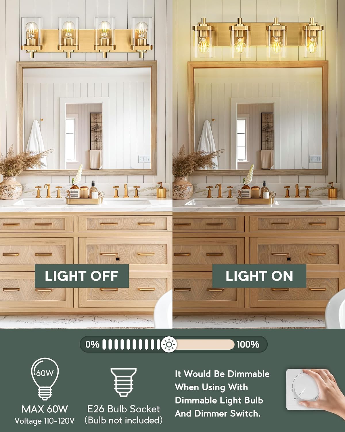 Bathroom Light Fixtures, 25' Brushed Gold Vanity Light, 4-Light Modern Wall Sconces with Square Clear Glass Shade, Vanity Lighting Fixtures Over Mirror, VL194-BG-4