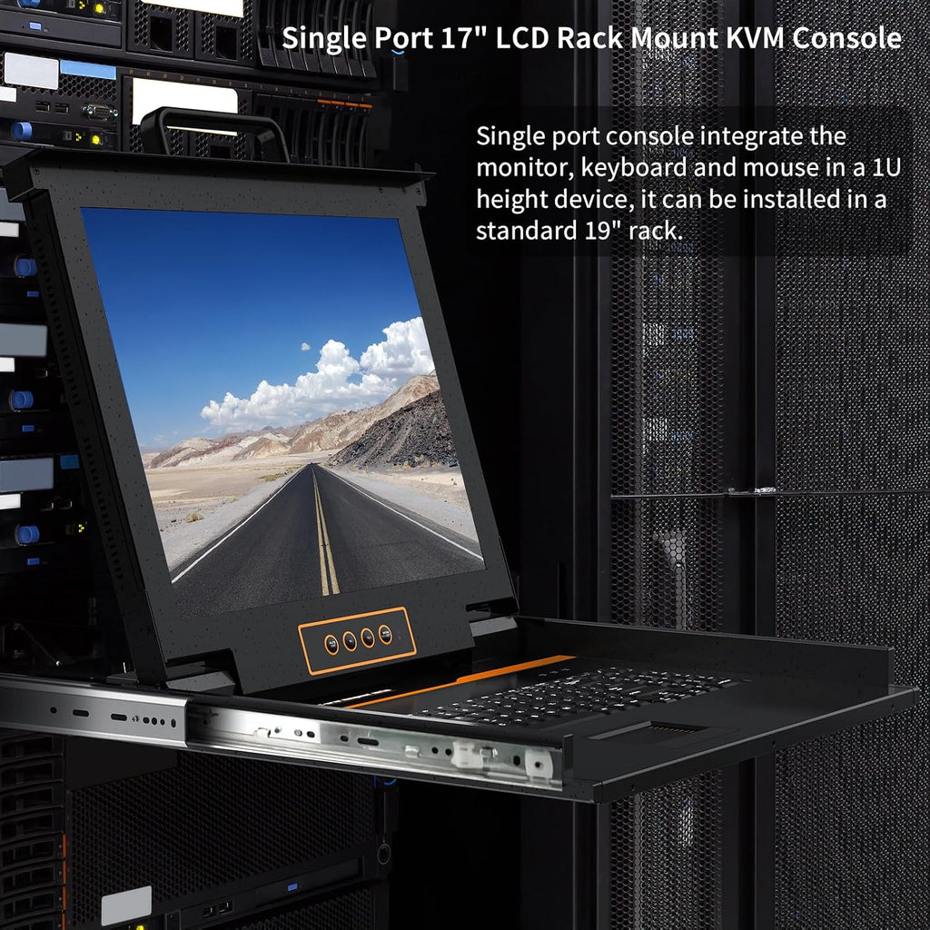 1U Rack Mount KVM Console-17 Rackmount Monitor Keyboard and Single Port VGA KVM, 50,000 MTBF,1280X1024 60Hz,17.6X18.9X1.67 inches(WXDXH),Fit 1U 19'' Rack,with 1 USB VGA Cable,1 Power Cord, 2 Brackets