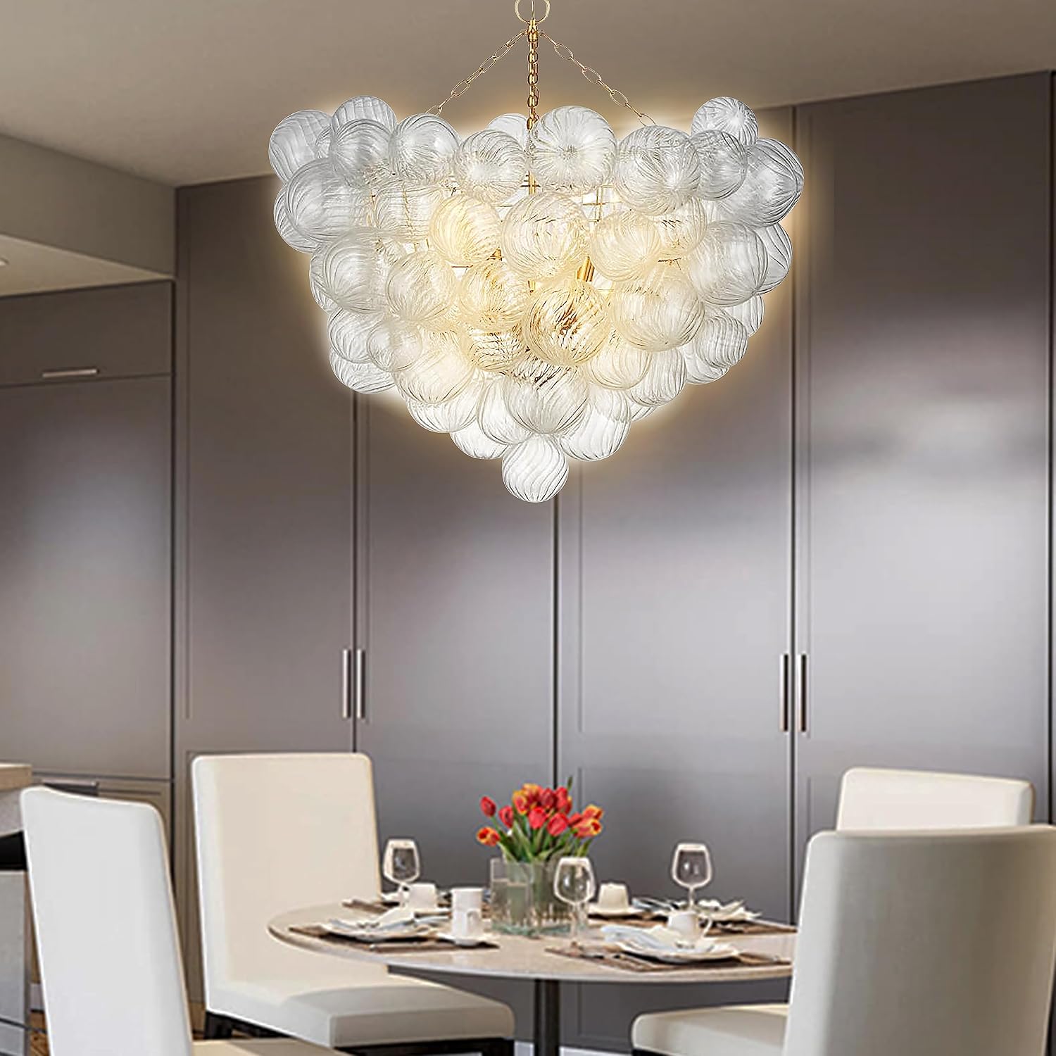Longree Nordic Bubble Ball Swirled Glass Chandelier, Dia 36 inch Gild Gold and Clear Blown Glass Large Pendant Light Fixture for Bedroom Study Restaurant Entry Room