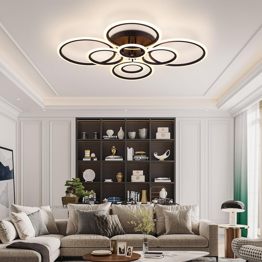 Modern Ceiling Light Fixture, 8 Rings Dimmable Flush Mount Ceiling Light with Remote, Acrylic Close to Ceiling Lighting Fixture for Living Room Bedroom Kitchen (Black, 8 Heads)