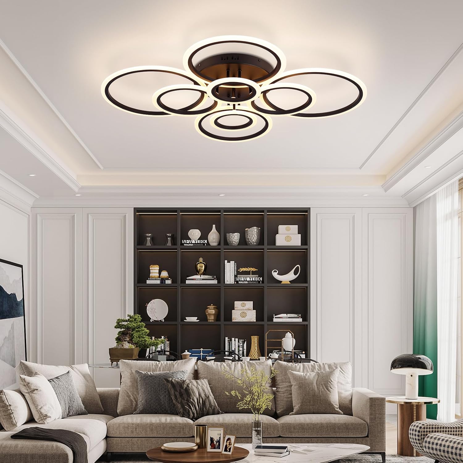 Modern Ceiling Light Fixture, 8 Rings Dimmable Flush Mount Ceiling Light with Remote, Acrylic Close to Ceiling Lighting Fixture for Living Room Bedroom Kitchen (Black, 8 Heads)