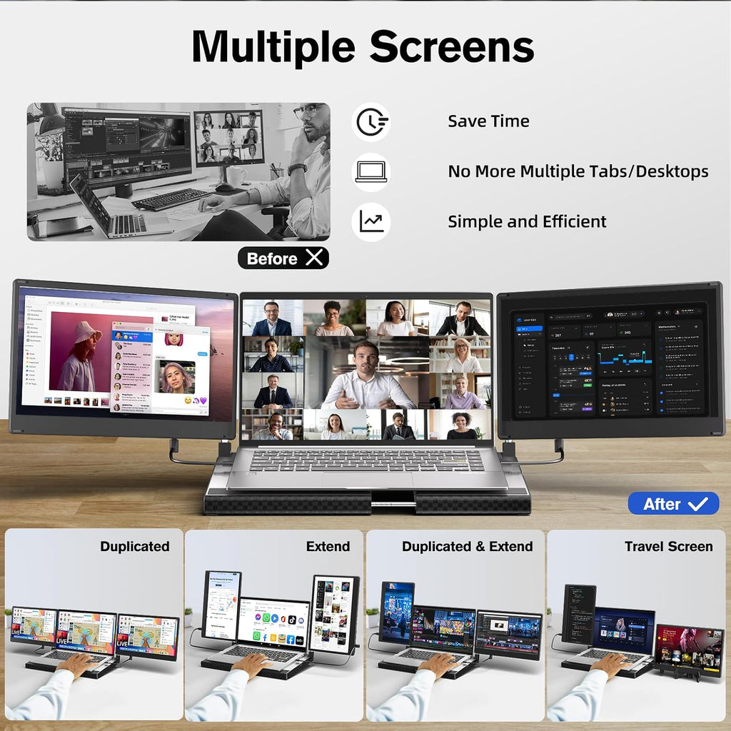Laptop Screen Extender - 14' Triple Portable Monitor 360 Degrees Rotation IPS FHD 1080P Detachable Screen with Stand for Windows/MacChrome