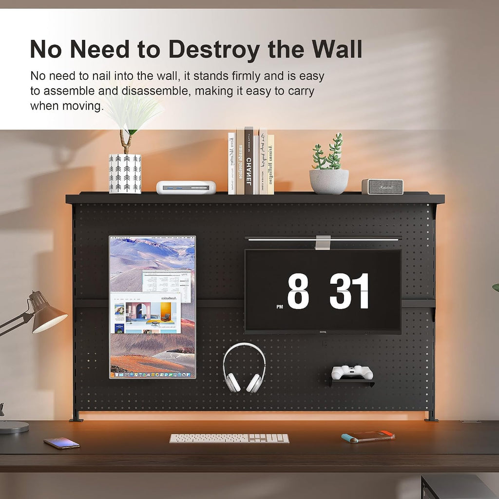 Clamp-On Metal Desk Pegboard with Dual Monitor Stand–No Drilling Needed! 59x35 Inch Steel Privacy Panel with Hooks & Movable Partition, Peg Board Wall Organizer for Gaming & Office