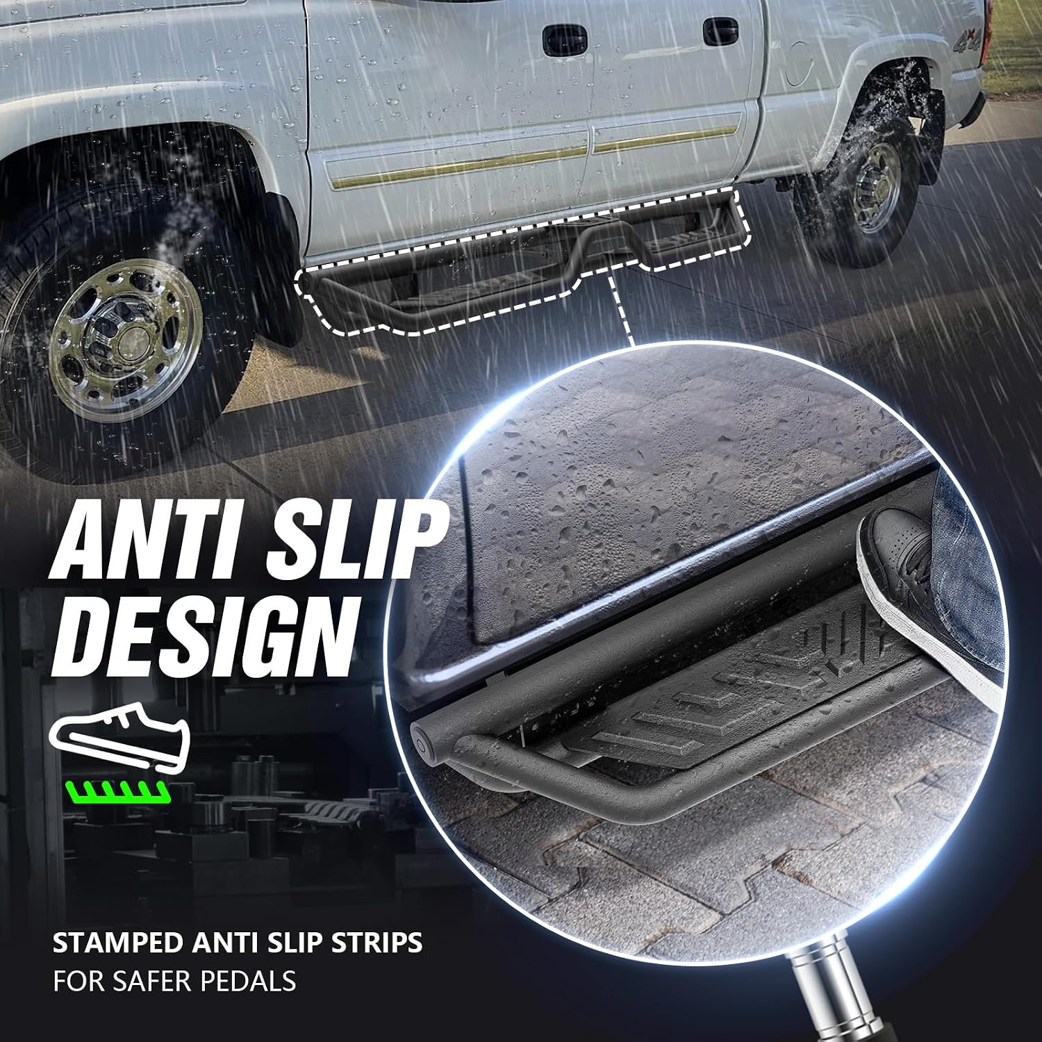 YZONA Running Boards Compatible with 1999-2006 Chevy Silverado & GMC Sierra 1500, 2001-2006 Chevrolet Silverado & GMC Sierra 2500 3500 HD Double/Extended Cab Side Steps, Nerf Bar Two Stairs Design