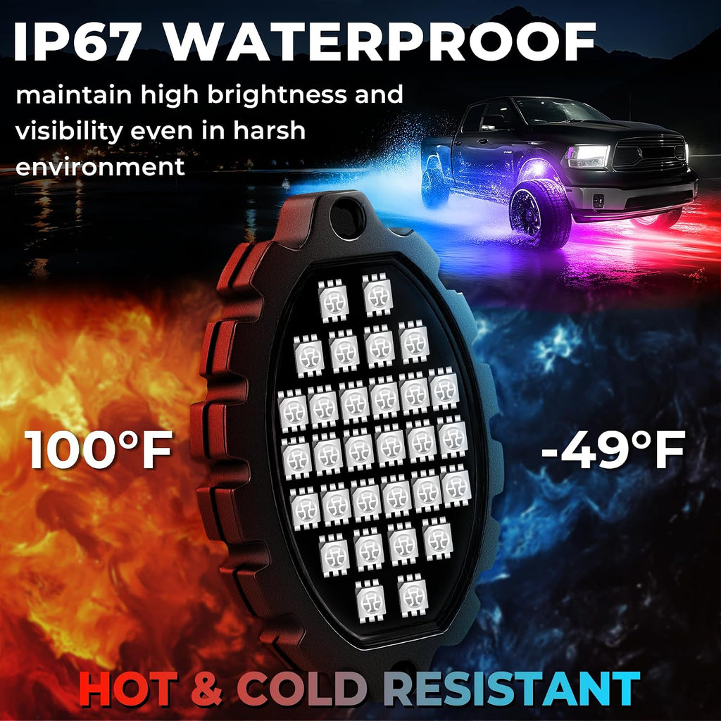 16 Pods Metal Aluminum RGB Rock Lights for Trucks Jeep UTV SUV ATV Golf Cart, Multi Chasing Color App/Remote Control Led Rock Lights with Music Mode, Waterproof Underglow Kits for Cars(Patented)