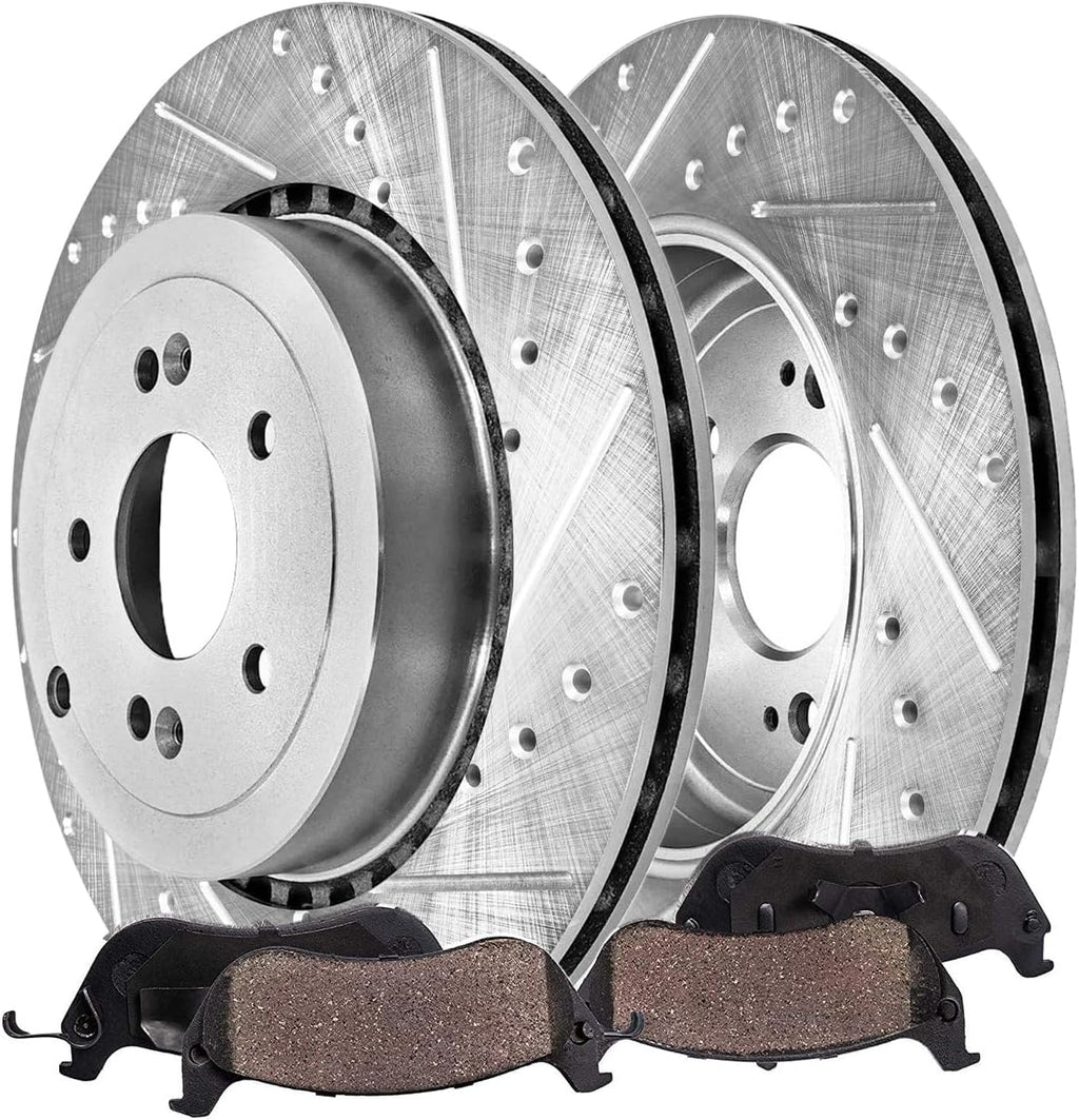 Detroit Axle - Rear Brake Kit for 2018-2022 Kia Stinger 2019-2022 Genesis G70 V6, Drilled and Slotted Disc Brake Rotors Ceramic Brakes Pads 2019 2020 2021 2022 Replacement : 13.39' inch Rotor