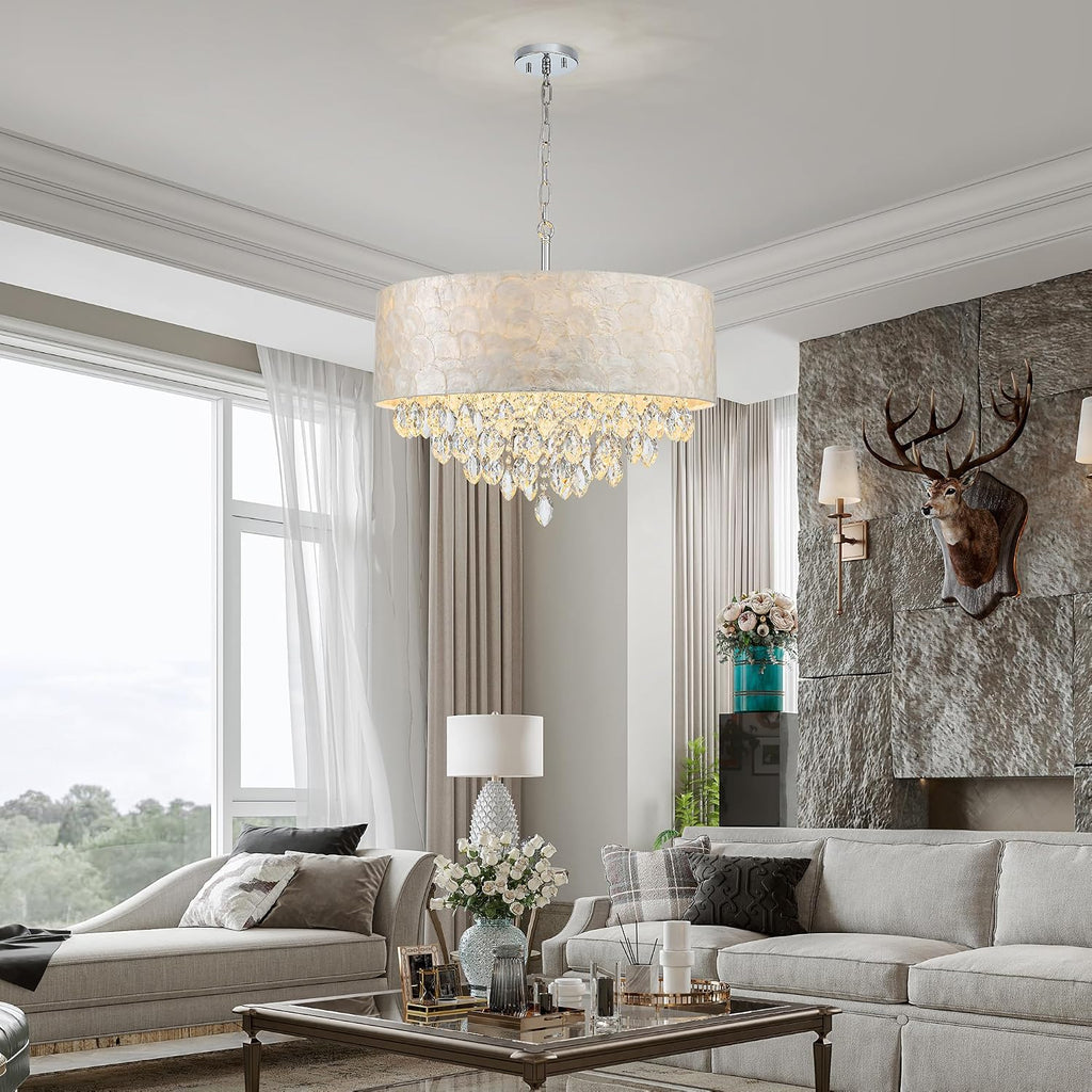 X-Large 6-Light Drum Capiz Shell K9 Crystal Chandelier, Coastal Style Pendant Light Fixture for Dining Room, Living Room, D24 * H24~70 inch (Adjustable), Clear Crystal & Chrome Finish