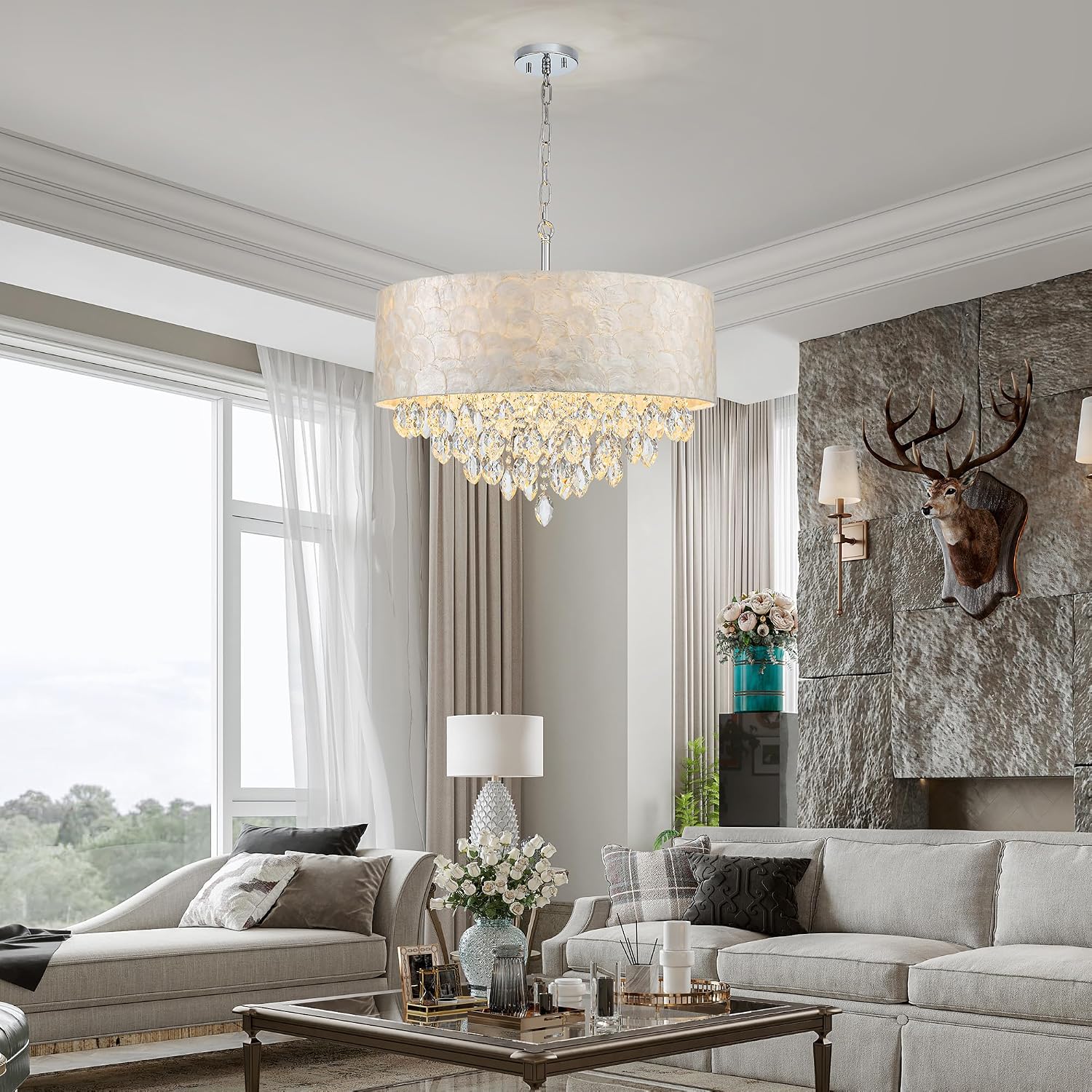 X-Large 6-Light Drum Capiz Shell K9 Crystal Chandelier, Coastal Style Pendant Light Fixture for Dining Room, Living Room, D24 * H24~70 inch (Adjustable), Clear Crystal & Chrome Finish