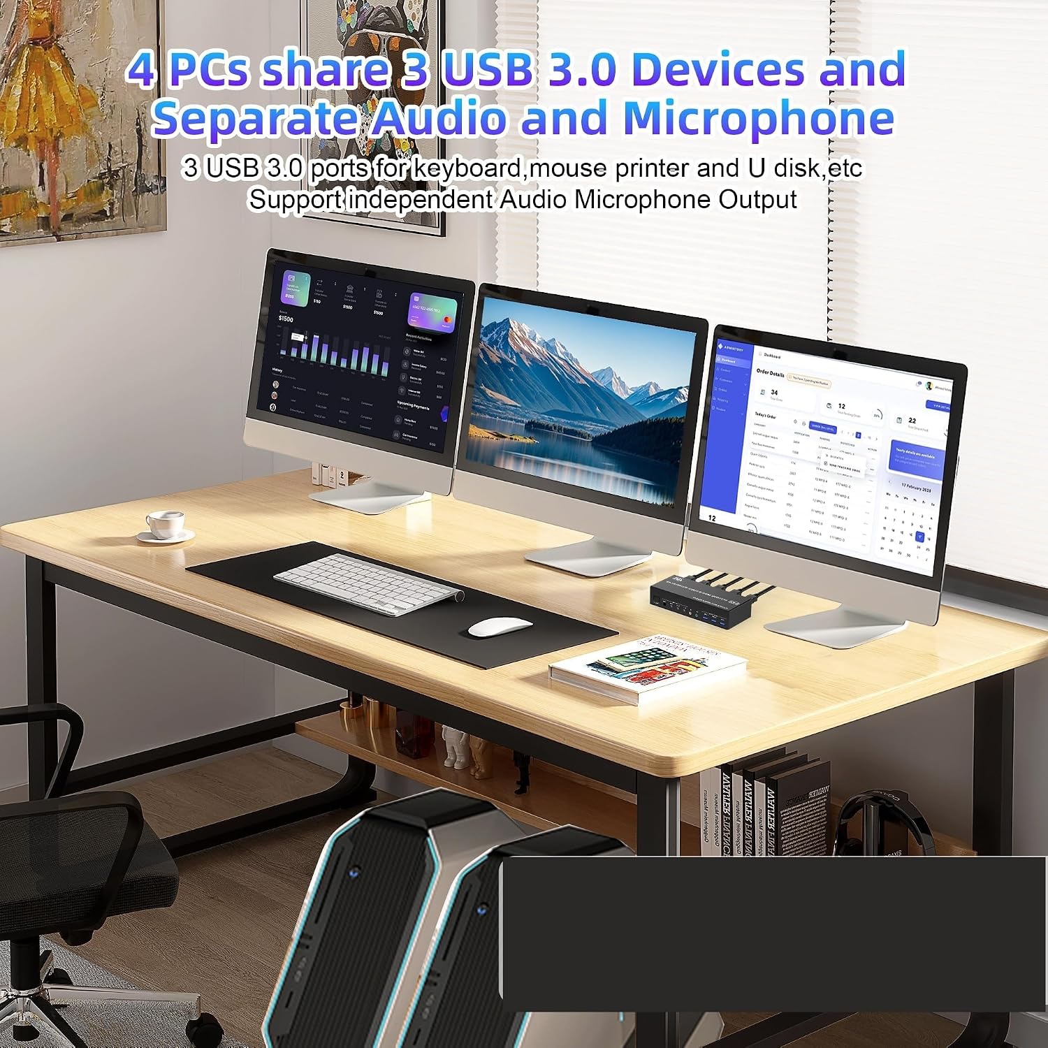 8K@60Hz 2 HDMI +1 DisplayPort KVM Switch Triple Monitor for 4 Computer with Audio and 3 USB 3.0 Ports, 3 Monitor KVM Switches(with EU Plug)