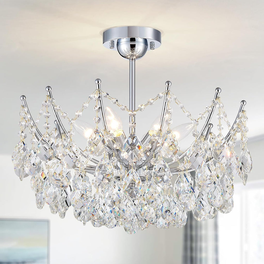 Crystal Ceiling Light Fixture, 6-Lights Modern Crystal Chandeliers for Dining Room Light Fixture, Semi Flush Mount Ceiling Light for Bedroom Kitchen Hallway Entryway Foyer Bathroom Living Room