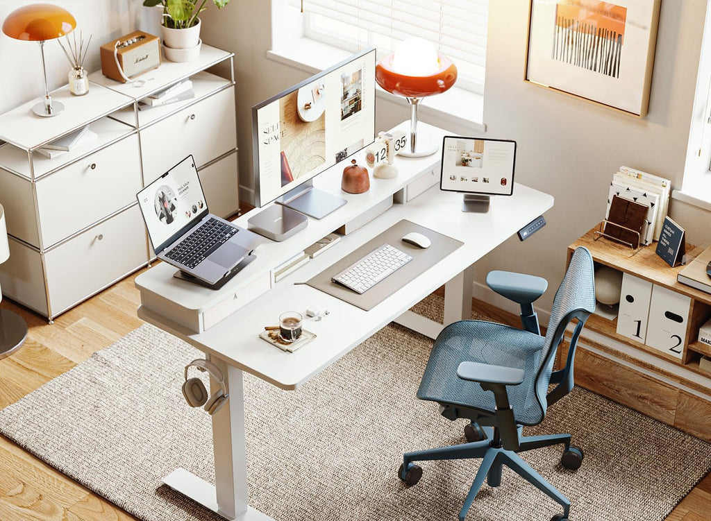 BANTI 40x24 Inch Electric Standing Desk with Dual Drawers, Height Adjustable Stand Up Table, Sit Stand Home Office Desk with Storage Shelf, White Frame/White Top