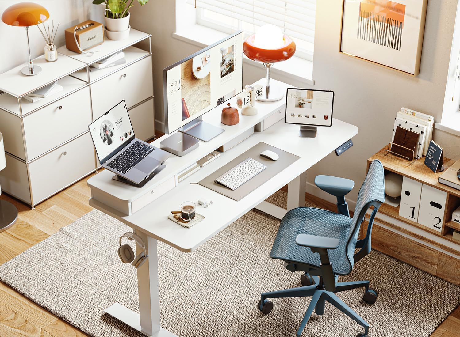 BANTI 40x24 Inch Electric Standing Desk with Dual Drawers, Height Adjustable Stand Up Table, Sit Stand Home Office Desk with Storage Shelf, White Frame/White Top
