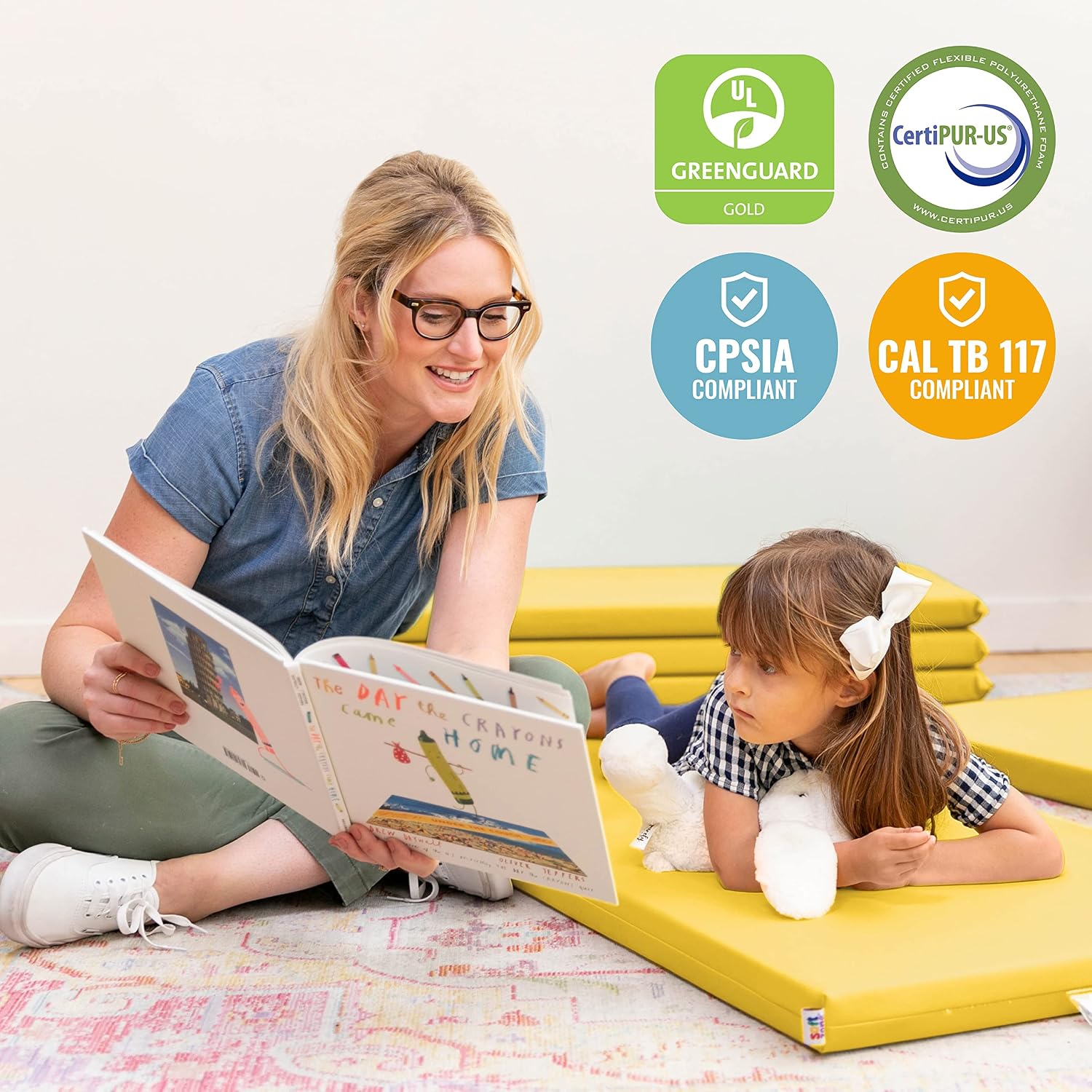 ECR4Kids SoftZone Rainbow Rest Time Mat with Name Tag, Sleeping Pad, Yellow, 5-Piece