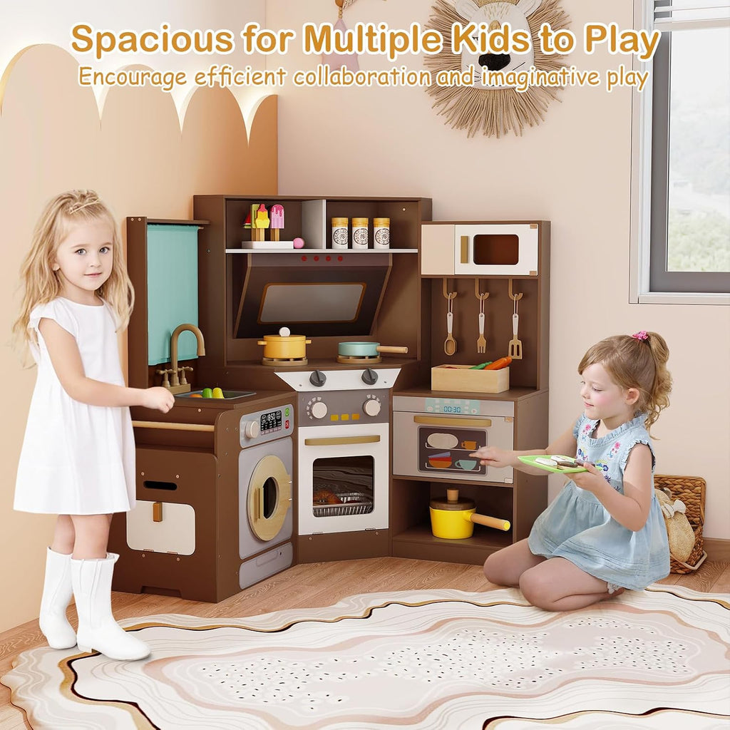 GLACER Corner Wooden Play Kitchen with Real Lights & Sounds, Pretend Kids Kitchen Playset with Trash Bin, Accessories, Dishwasher, Microwave Oven, Cooking Play Set for Toddlers Ages 3+ (Coffee)