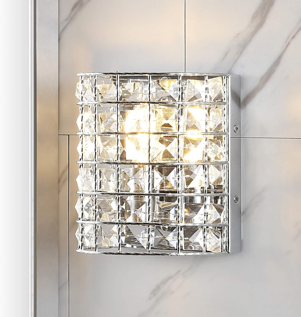 JONATHAN Y 7' Chrome Modern LED Vanity Light Sconce for Bathroom Decor, 1-Light, Clear Crystal Shade, Glam Wall Lighting for Hallway Entryway, LED Bulb Included JYL7542A