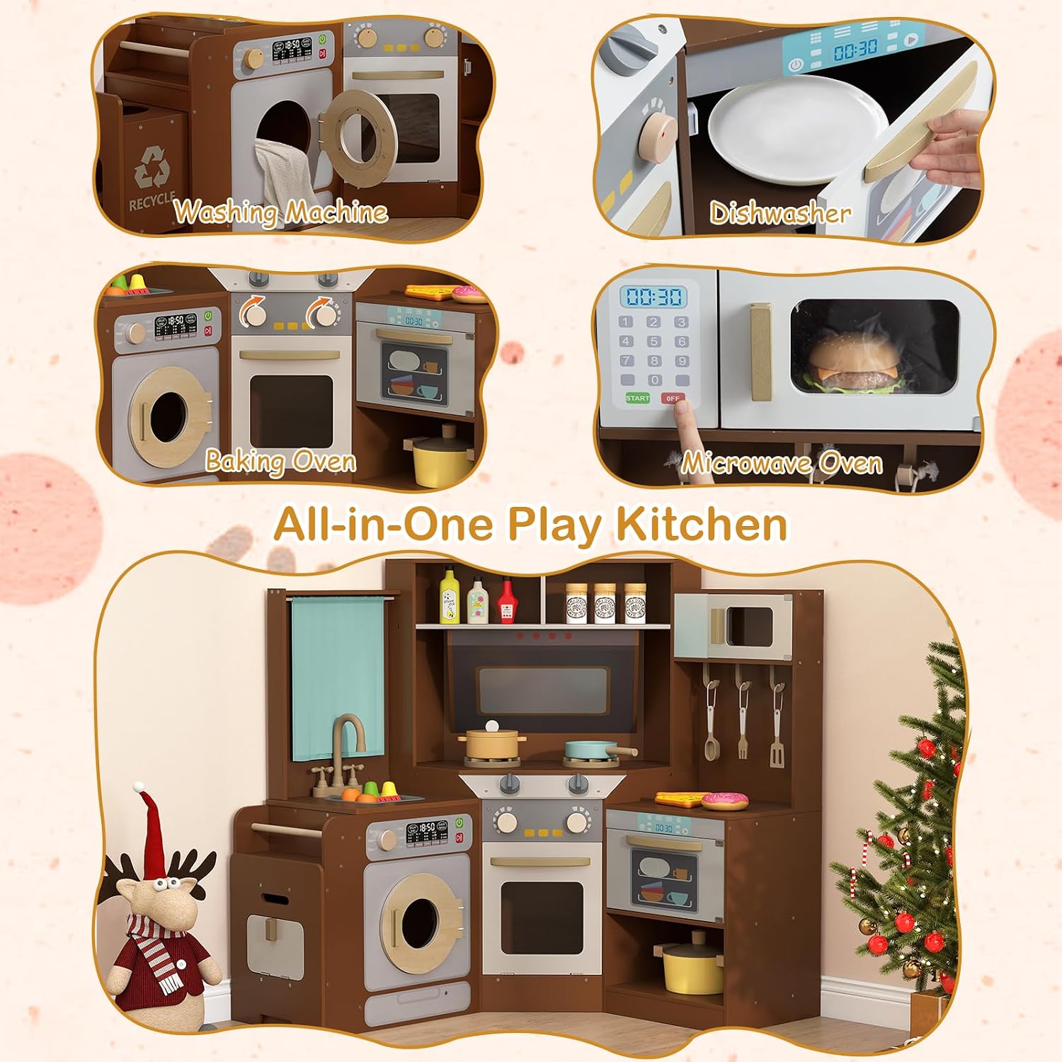 GLACER Corner Wooden Play Kitchen with Real Lights & Sounds, Pretend Kids Kitchen Playset with Trash Bin, Accessories, Dishwasher, Microwave Oven, Cooking Play Set for Toddlers Ages 3+ (Coffee)