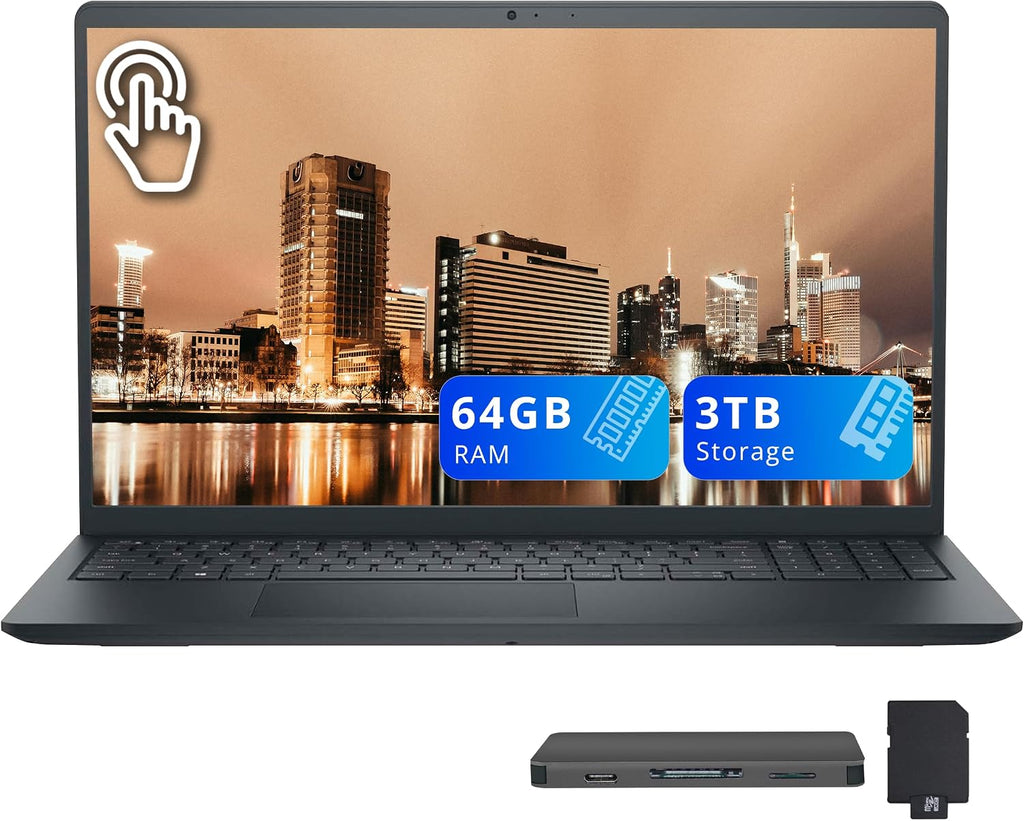 Dell Inspiron 15.6' FHD Touchscreen Laptop, Intel i7-1355U, 64GB RAM, 3TB Storage (2TB SSD+1TB Docking Station Set), Intel UHD Graphics, Numeric Keypad, Wi-Fi 6, 720p Webcam, Windows 11, Black