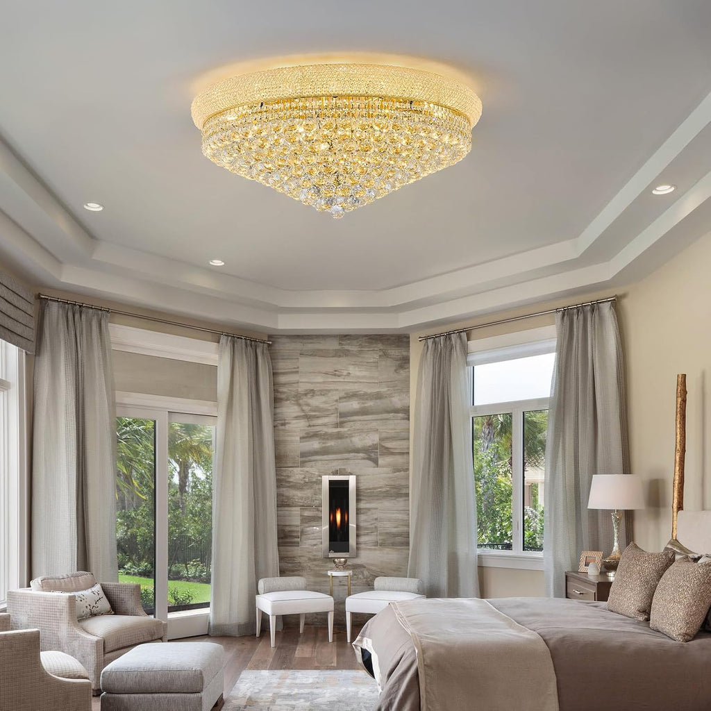 18 - Light Crystal Flush Mount Chandelier Ceiling Light Fixture for Living Room Dining Room Entryway Foyer Gold Finish
