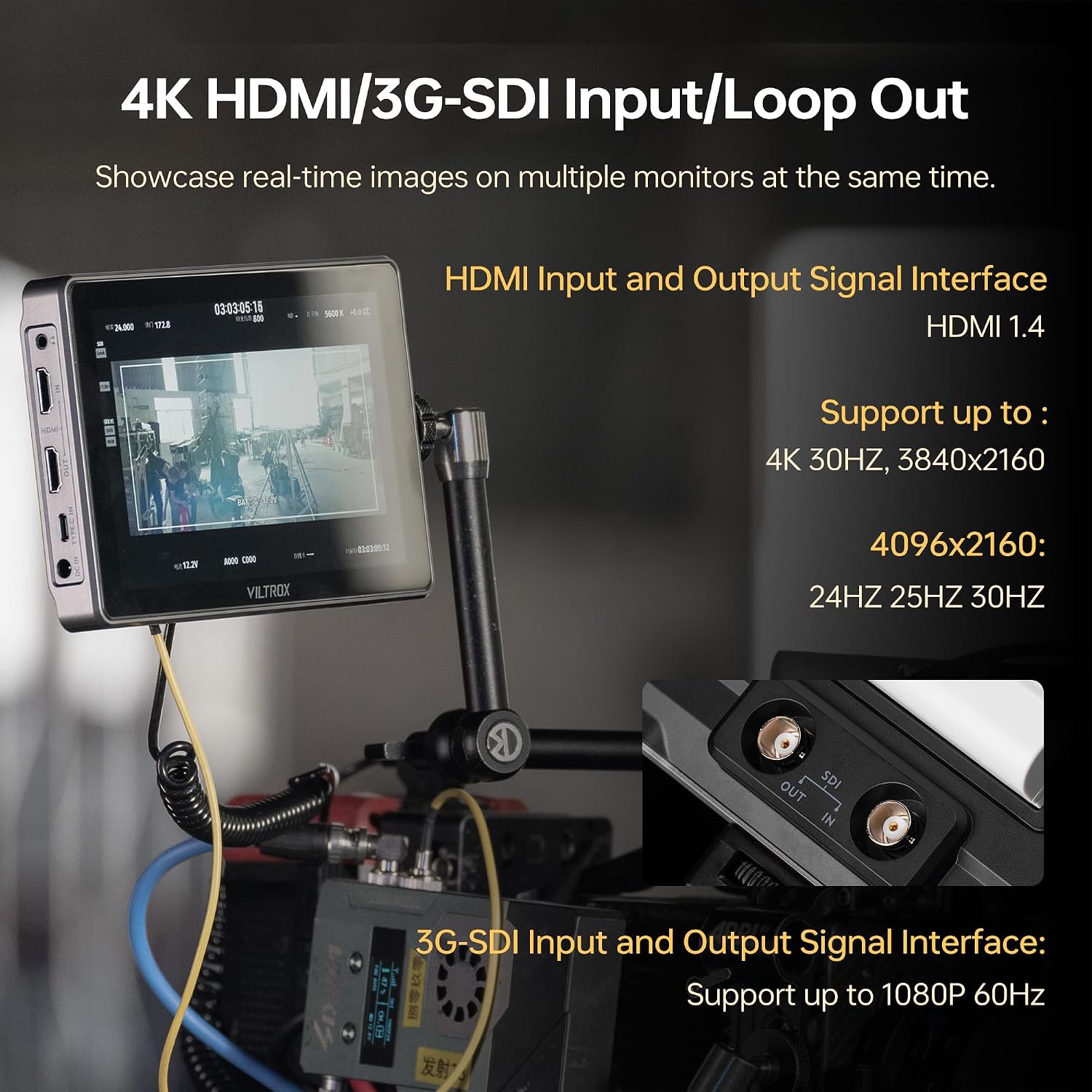 VILTROX DC-L2 7' Camera Field Monitor Touch Screen with HD 1280x800 IPS 4K HDMI & 3G-SDI Loop in/Out, 3D LUTs Peak Focus Assist Waveform, 170° Super Wide View Angle, Battery & Sunshade Hood