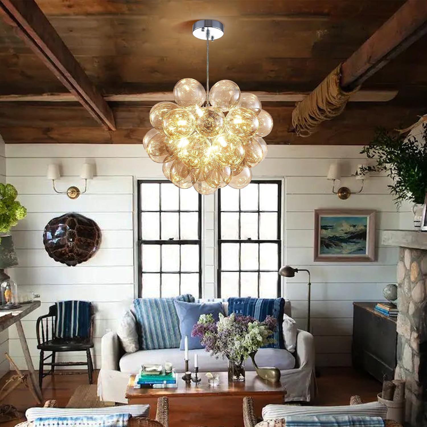 Longree Champagne Bubble Ball Chandelier, Dia 20 inch Blown Glass Cognac Glass Pendant Light Fixture for Bedroom Study Bathroom Foyer Entryway Lamp