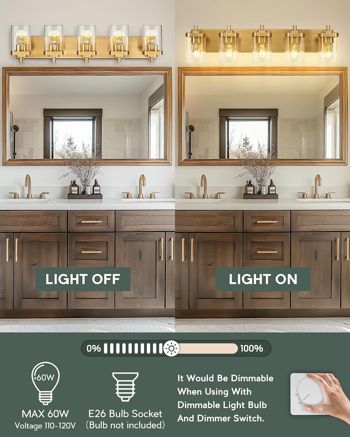 Gold Bathroom Light Fixtures with Square Clear Glass Shade | 30' Brushed Gold Vanity Light, 5-Light Modern Wall Sconces, Vanity Lighting Fixtures Over Mirror, VL194-BG-5