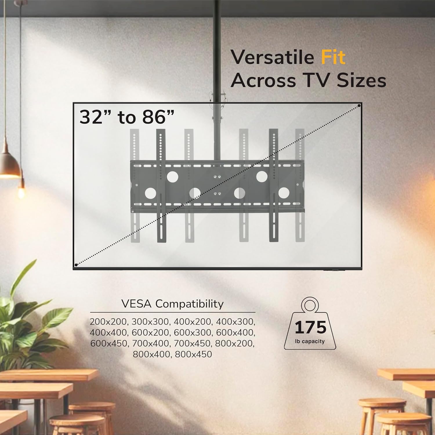 Mount-It! Ceiling TV Mount for 32–86 Inch TVs – Full Motion Swivel, Tilt & Height Adjustable Bracket – Heavy-Duty Steel, 175 lb Capacity, VESA 800x450 – Ideal for Home & Commercial Installations