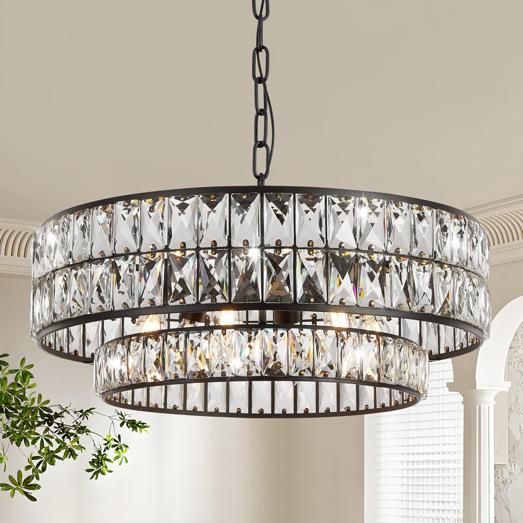Black Crystal Chandelier 6-Light, 20 Inch Drum Semi-Flush Mount Pendant Light, Modern Ceiling Fixture for Dining Room, Foyer, Bedroom