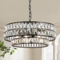 Black Crystal Chandelier 6-Light, 20 Inch Drum Semi-Flush Mount Pendant Light, Modern Ceiling Fixture for Dining Room, Foyer, Bedroom