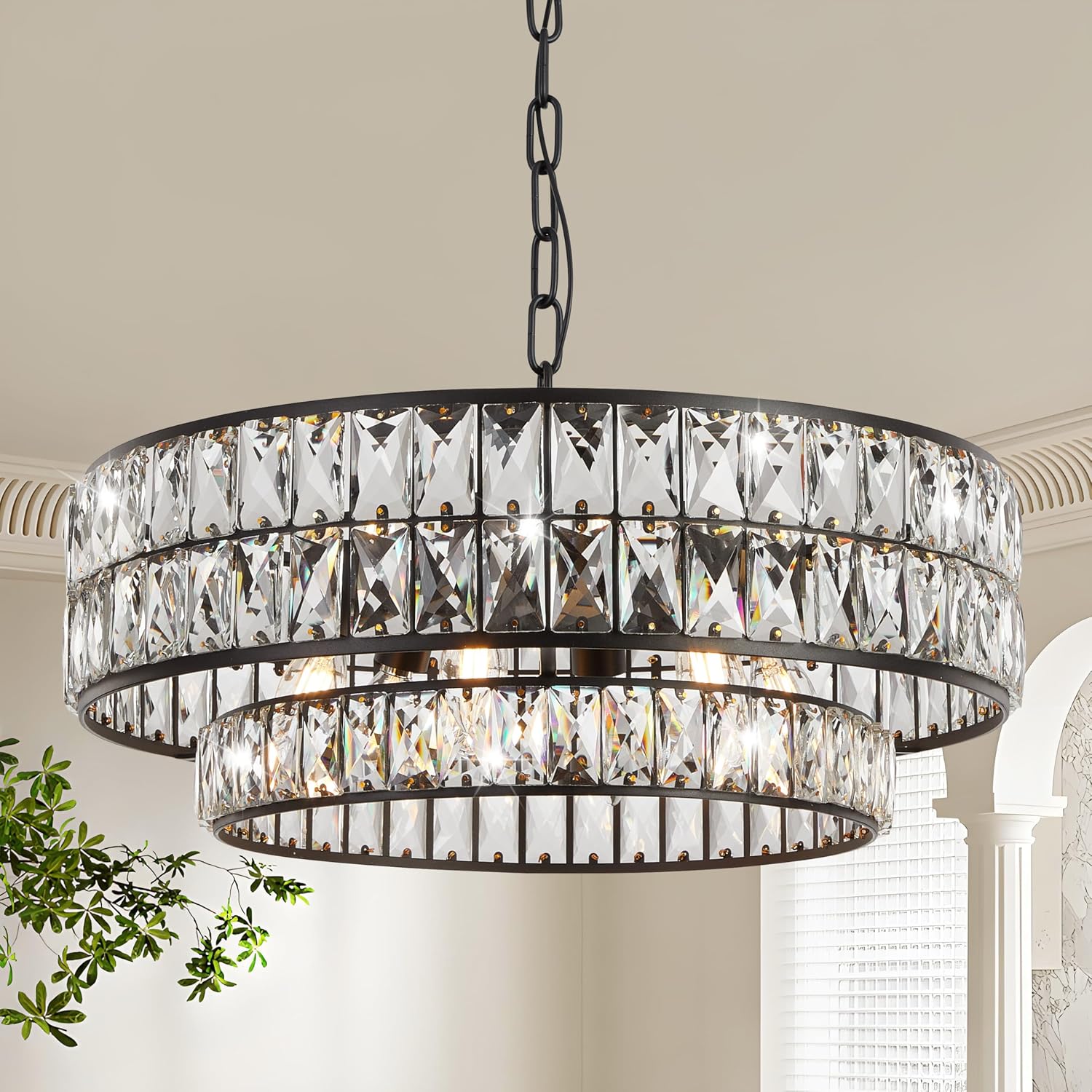 Black Crystal Chandelier 6-Light, 20 Inch Drum Semi-Flush Mount Pendant Light, Modern Ceiling Fixture for Dining Room, Foyer, Bedroom