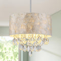3-Light Drum Capiz Shell K9 Crystal Chandelier, Coastal Style Pendant Light Fixture for Dining Room, Living Room, D12 * H19~49 inch (Adjustable), Clear Crystal & Chrome Finish Frame