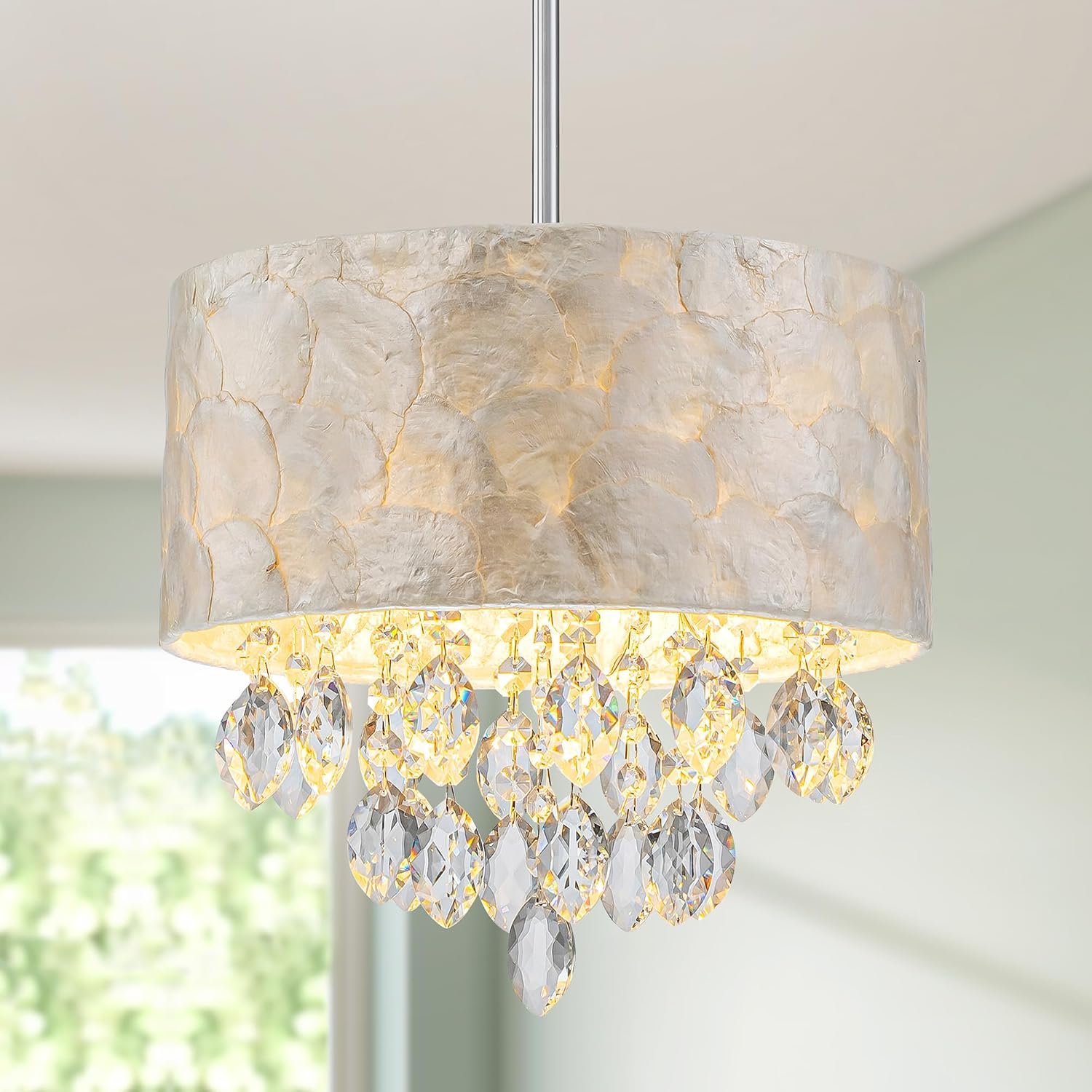 3-Light Drum Capiz Shell K9 Crystal Chandelier, Coastal Style Pendant Light Fixture for Dining Room, Living Room, D12 * H19~49 inch (Adjustable), Clear Crystal & Chrome Finish Frame