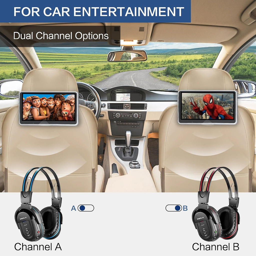 SIMOLIO 2 Pack IR Car Headphones and AuraCast Wireless Headphones for Kids with Mic, Share Port, Bluetooth Foldable Headset & Comfy Travel Set, 2 Channel IR Wireless Headset for Car DVD & Road Trips
