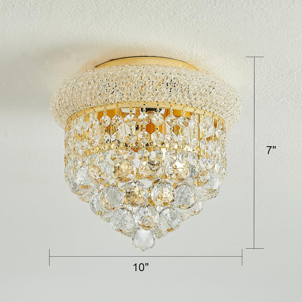 3 - Light Flush Mount Crystal Chandelier for Bathroom Hallway Entryway Closet Bedroom Laundry Gold Finish