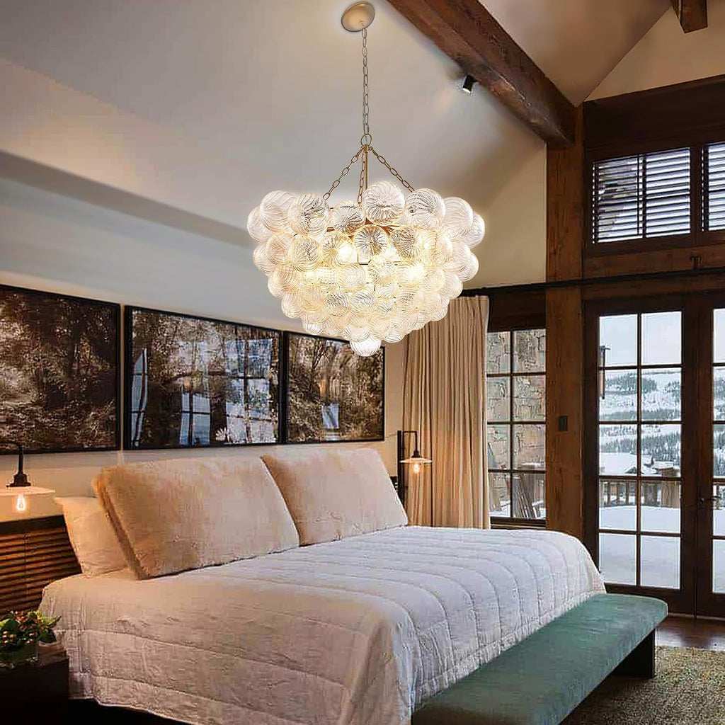 Longree Nordic Bubble Ball Swirled Glass Chandelier, Diam 31' Gild Gold and Clear Modern Hand Blown Glass Pendant Light Fixture 9-Light for Dining Room, Bedroom, Study, Restaurant, Hallway